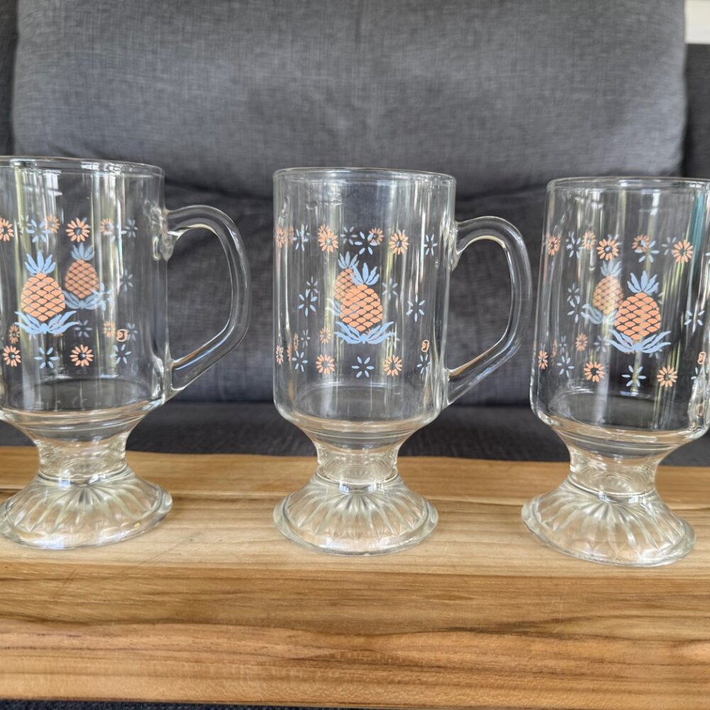 Vintage Glass Mugs, Country Blue and Pink, Set of 5 - Picture 2 of 4